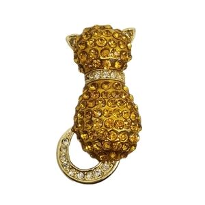 VINTAGE 1980s GOLDTONE & ORANGE AUSTRIAN CRYSTAL CAT BROOCH